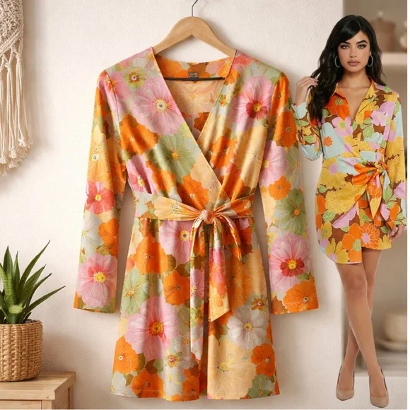 🛍️ Forever 21 orange floral wrap, long sleeve midi dress
Size small - Picture 1 of 6